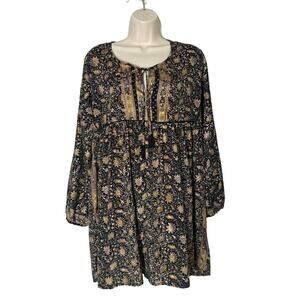 Paani Bohemian Floral Tunic Dress Black and‎ Gold Floral Size Small